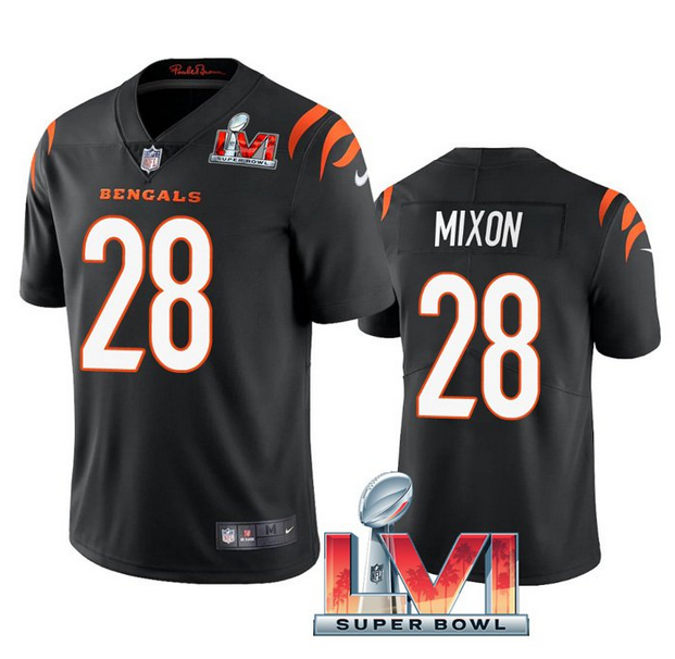 Men's Cincinnati Bengals #28 Joe Mixon 2022 Black Super Bowl LVI Vapor Limited Stitched Jersey Men's Cincinnati Bengals #28 Joe Mixon 2022 Black Super Bowl LVI Vapor Limited Stitched Jersey